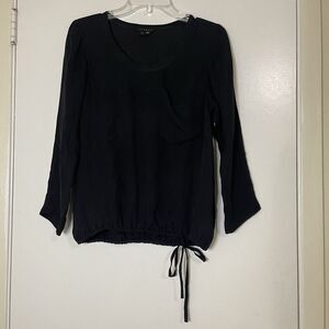 THEORY black long sleeve drawstring hem silk blouse top size XS